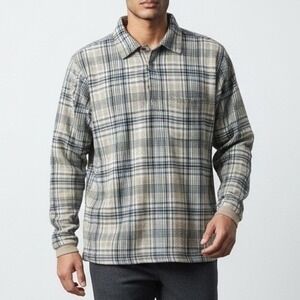 FILA SPORT Plaid Long Sleeve Polo Shirt Tan Navy Cotton Men's Size M